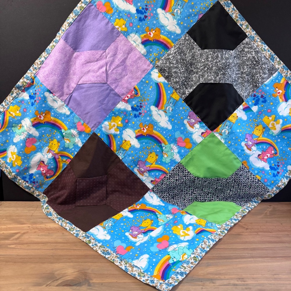 Vintage handmade Care Bears Quilt Small 31" square Early 2000s Nostalgiac